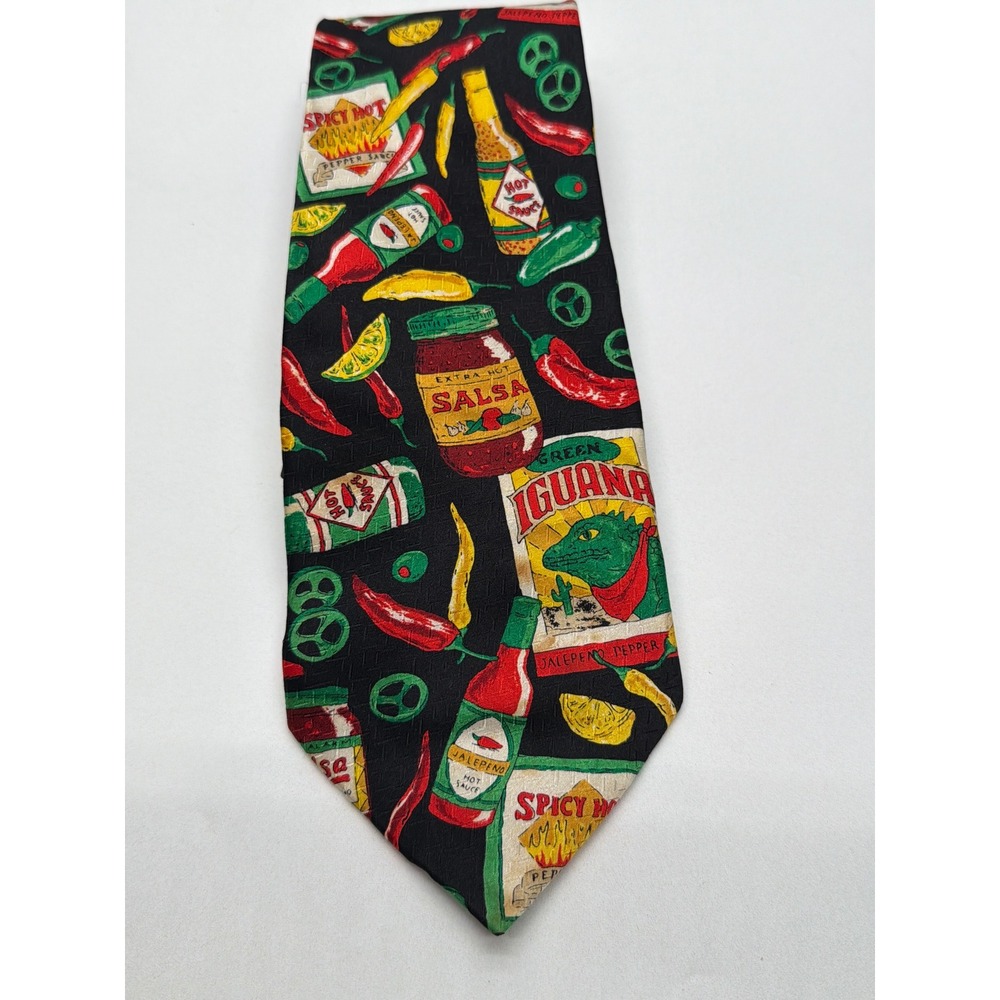 Puritan Mens Silk Necktie Hot Sauce Salsa Chili Pepper Novelty Black Red Green
